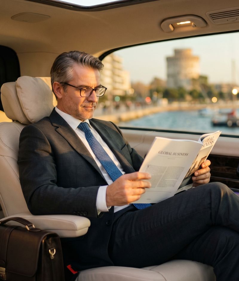 A professional businessman in a dark suit relaxing in a luxury Mercedes V-Class van