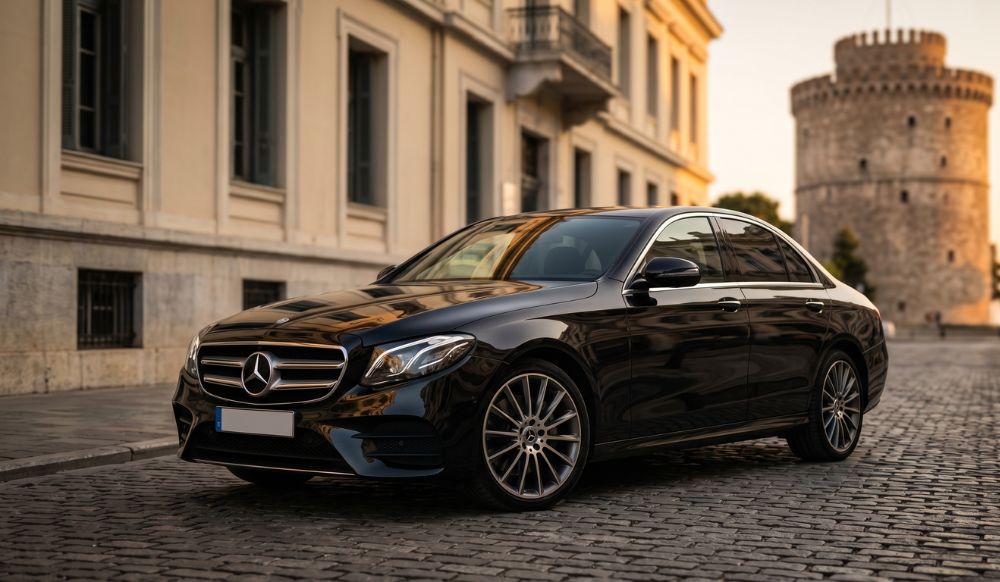 A black Mercedes-Benz E-Class sedan parked on a cobblestone street with the White Tower of Thessaloniki in the background — MTG Travel’s premium sedan service