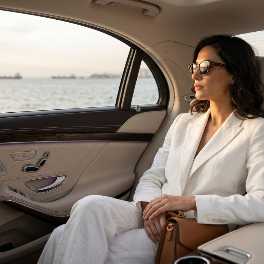 An elegant Mediterranean woman wearing a white linen suit and stylish sunglasses, sitting in the back seat of a luxury car