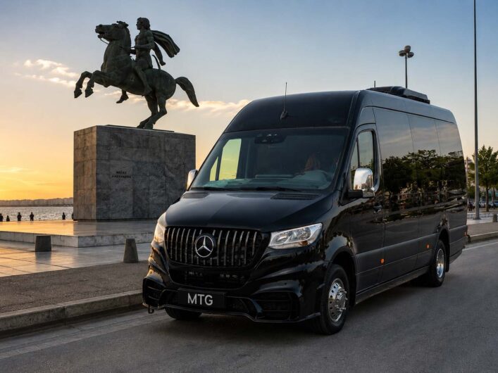 Premium 19-seat Mini Coach transfer vehicle — upgraded Coach class from the MTG Travel fleet in Thessaloniki